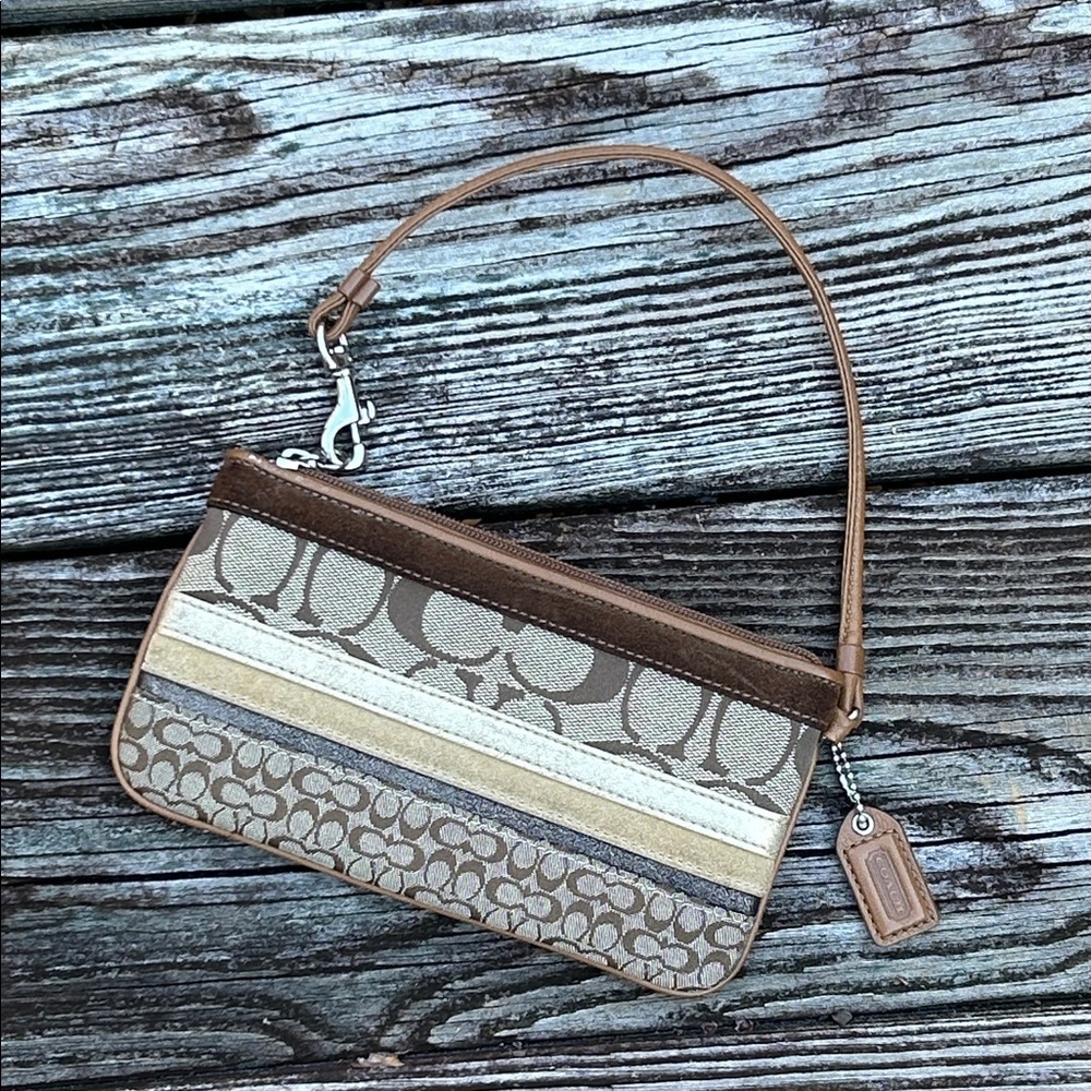 Coach Signature Patchwork Stripe Wristlet Clutch Brown Tan Canvas Y2K - Picture 3 of 9
